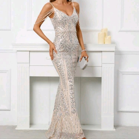 Silver, Backless, Cami,  Fringe Sleeves,  Contrast Sequined Mermaid Gown - Picture 9 of 16
